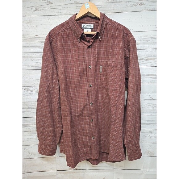 COLUMBIA SHIRT MENS L Red/ Brown PLAID LONG-SLEEVE BUTTON-FRONT EASY-CARE COTTON - Picture 1 of 8